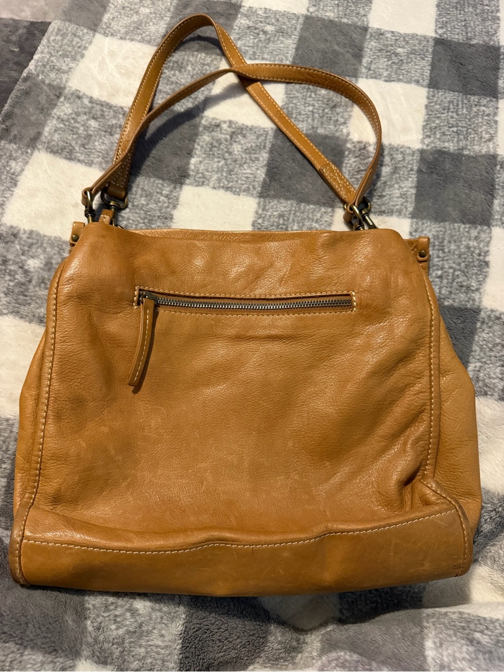 Women's Soft Tan Leather Shoulder Bag with Front Zip Pocket